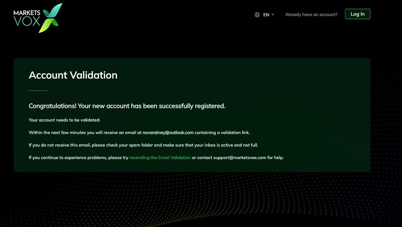 Account Validation screen